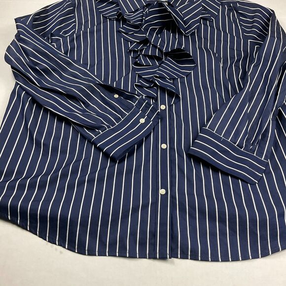Lauren Ralph Lauren Ruffled Button Down Shirt Striped Preppy Work Top 2X/3X FLAW - Picture 2 of 10